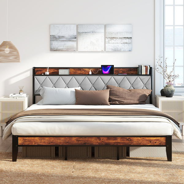 CONCETTA Full Size Heavy Duty Metal Bed Frame, Storage Headboard with Charging Station, Noise Free, No Spring Box Required, 880lbs Capacity