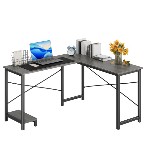 CONCETTA L Shaped Computer Desk with Reversible Storage Shelves, Corner Gaming Desk with PC Stand, Home Office Writing Study Table, Sturdy Metal Frame