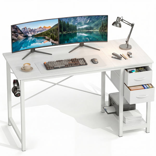 CONCETTA Small Computer Desk with Storage Shelf, 40 or 47 Inch Writing Work Study Computer Desk for Home Office Bedroom, 2-Tier Drawers, Side Headphone Hook, Modern Style for Home Bedroom
