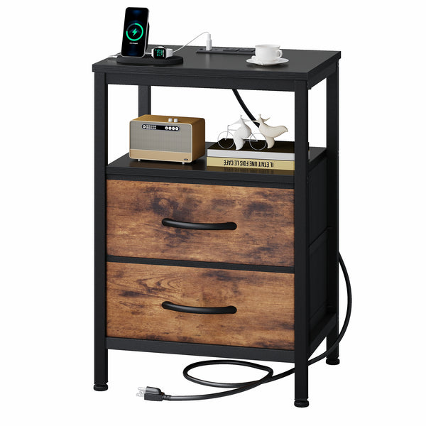 CONCETTA Small Nightstand with Charging Station, 2 Fabric Drawer, End Table with USB Ports and Outlets for Bedroom, Black，Black Brown，Rustic Brown，White