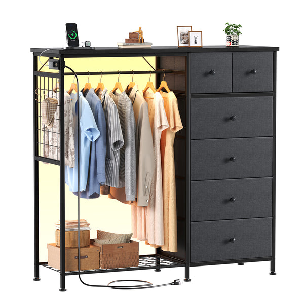 CONCETTA Dresser for Bedroom with Hanging Rack 6 Drawers Dresser, LED Lights & Charging Station, Wooden Top, Grid Panel