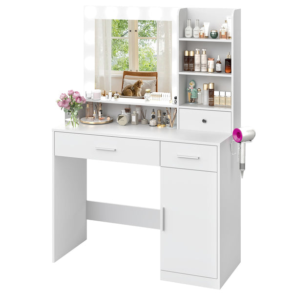 CONCETTA Modern Adult Vanity Desk 1 Piece with Mirror, Power Outlet and Lights, White Table Set