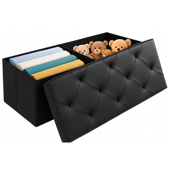 CONCETTA 43" Storage Ottoman – Foldable Faux Leather Stool with Storage, 660 lb Capacity, for Bedroom, Living Room, Entryway, Black
