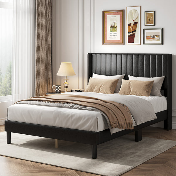 CONCETTA Full Size Bed Frame with Wingback PU Upholstered Headboard and Wooden Slats Support, No Box Spring Needed, Easy Assembly, Black