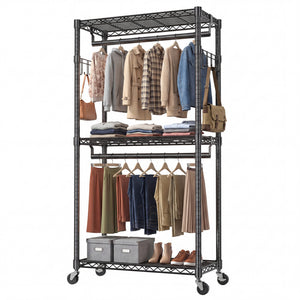 CONCETTA Rolling Clothes Rack, Adjustable Metal Shelves, Heavy Duty Clothes Rack with Side Hooks for Household, Laundry Room