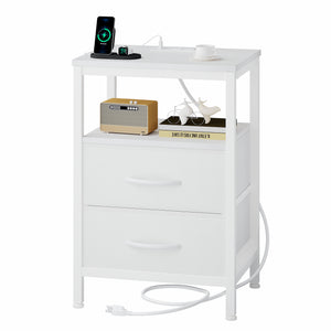 CONCETTA Small Nightstand with Charging Station, 2 Fabric Drawer, End Table with USB Ports and Outlets for Bedroom, Black，Black Brown，Rustic Brown，White