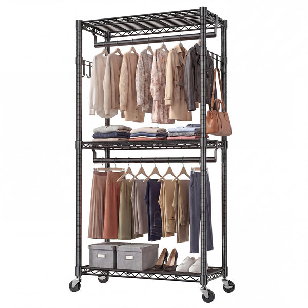 CONCETTA Rolling Clothes Rack, Adjustable Metal Shelves, Heavy Duty Clothes Rack with Side Hooks for Household, Laundry Room