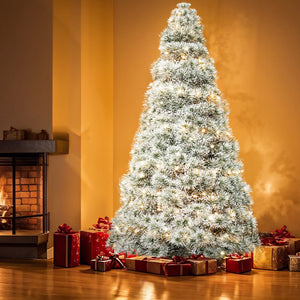 Artificial Full Christmas Tree, Flocked Snow Trees with Pine Cone Decoration, Includes Stand, Incandescent Lights & Foldable Base for Home, Office, Party