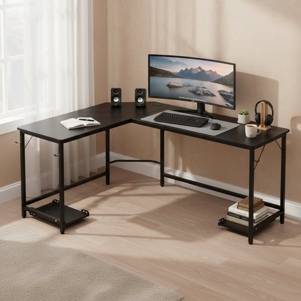 CONCETTA L Shaped Computer Desk with Reversible Storage Shelves, Corner Gaming Desk with PC Stand, Home Office Writing Study Table, Sturdy Metal Frame