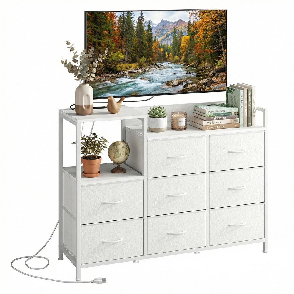 CONCETTA 8-Drawer Dresser TV Stand for Bedroom with Charging Station, Teen/Adult Fabric Storage with Open Shelves