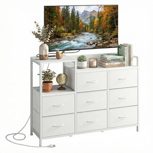 CONCETTA 8-Drawer Dresser TV Stand for Bedroom with Charging Station, Teen/Adult Fabric Storage with Open Shelves