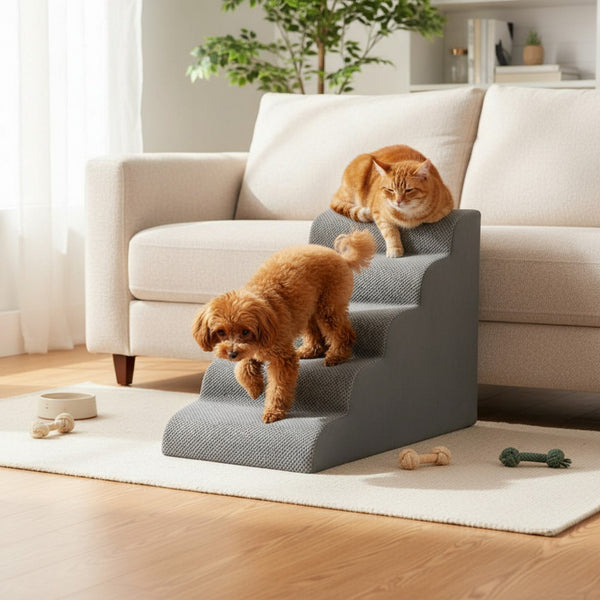 SHOUFTW Round Edge Pet Stairs Ramp, High-Density Foam Dog Cat Steps, Non-Slip Indoor Ladder for Couch, High Beds, Car, Gray
