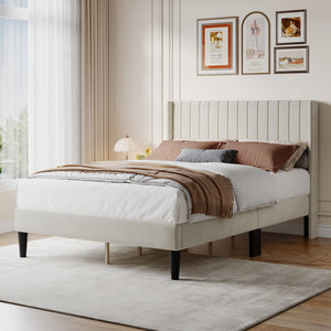 CONCETTA Full Size Bed Frame with Wingback PU Upholstered Headboard and Wooden Slats Support, No Box Spring Needed, Easy Assembly, Black