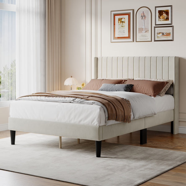CONCETTA Full Size Bed Frame with Wingback PU Upholstered Headboard and Wooden Slats Support, No Box Spring Needed, Easy Assembly, Black