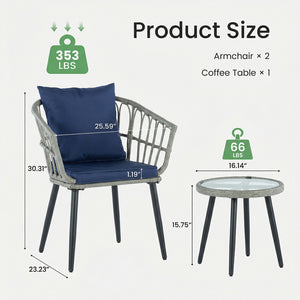 CONCETTA 3 Piece Outdoor Patio Furniture Set, Wicker Bistro Chairs with Glass Top Table for Apartment Balcony, Small Backyard, Porch and Deck