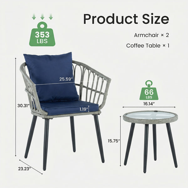 CONCETTA 3 Piece Outdoor Patio Furniture Set, Wicker Bistro Chairs with Glass Top Table for Apartment Balcony, Small Backyard, Porch and Deck
