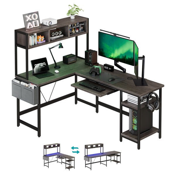 67" Reversible L-Shaped Desk with LED Lights, Power Outlets, Drawer, Keyboard Tray & Hutch