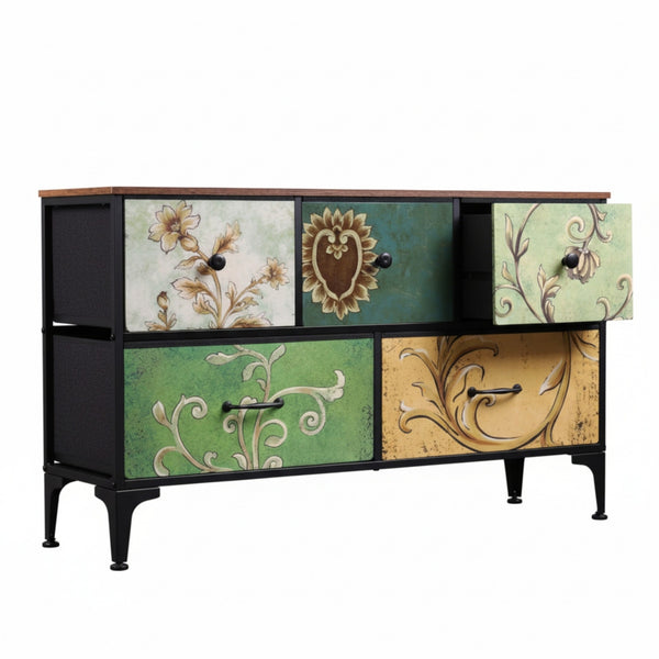 CONCETTA 5 Fabric Dresser with 5 Storage Drawers, TV Stand with Wooden Top Metal Frame for Clothes, Living Room, Hallway, Entryway