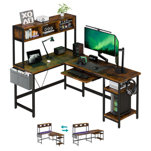 67" Reversible L-Shaped Desk with LED Lights, Power Outlets, Drawer, Keyboard Tray & Hutch