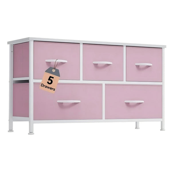 CONCETTA 5 Fabric Dresser with 5 Storage Drawers, TV Stand with Wooden Top Metal Frame for Clothes, Living Room, Hallway, Entryway