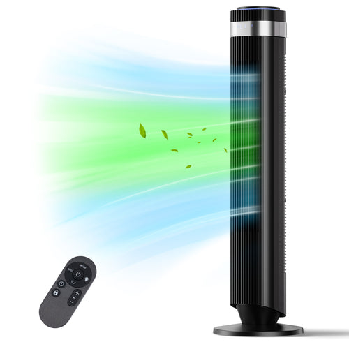 SHOUFTW Tower Fan Standing Bladeless, 23ft/s Velocity Quiet, 64° Oscillating with 5 Speeds, 4 Modes, 12H Timer for Indoor Bedroom
