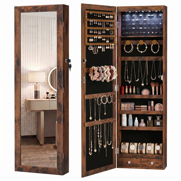 CONCETTA 47" Full-Length Mirror Jewelry Cabinet with Auto LED Lights, Wall-Mounted or Door-Hanging Organizer