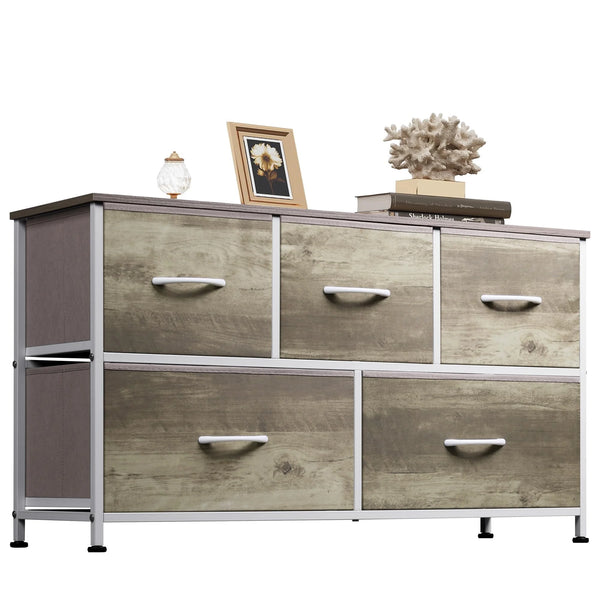 CONCETTA 5 Fabric Dresser with 5 Storage Drawers, TV Stand with Wooden Top Metal Frame for Clothes, Living Room, Hallway, Entryway