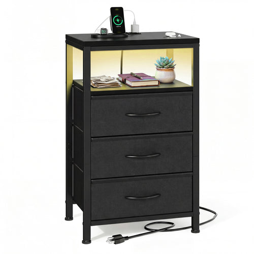 Fabric Drawers Nightstand with Charging Station, Bedside End Table with Power Outlet & USB/Type-C Ports, Iron Frame Structure, Adjustable Feet and Variable Light Strip for Bedroom