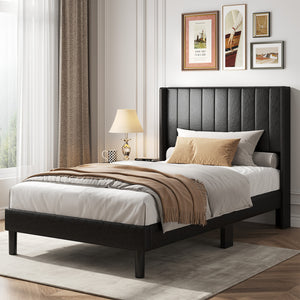 CONCETTA Full Size Bed Frame with Wingback PU Upholstered Headboard and Wooden Slats Support, No Box Spring Needed, Easy Assembly, Black