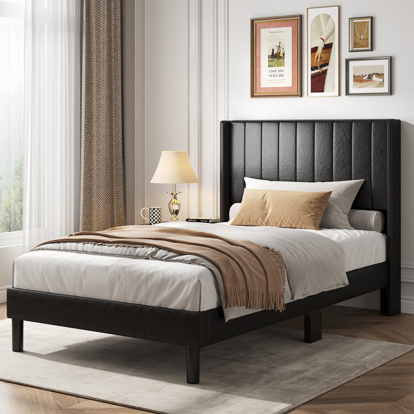 CONCETTA Full Size Bed Frame with Wingback PU Upholstered Headboard and Wooden Slats Support, No Box Spring Needed, Easy Assembly, Black