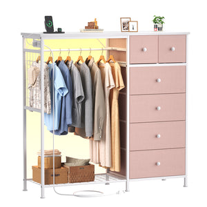 CONCETTA Dresser for Bedroom with Hanging Rack 6 Drawers Dresser, LED Lights & Charging Station, Wooden Top, Grid Panel