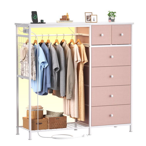 CONCETTA Dresser for Bedroom with Hanging Rack 6 Drawers Dresser, LED Lights & Charging Station, Wooden Top, Grid Panel