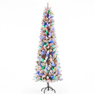 SHOUFTW Artificial Christmas Tree, Pre-Lit Green Pencil Tree with LED Lights, Metal Stand