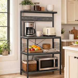 SHOUFTW Kitchen Storage Rack with Power Outlet, 4-Tier Backer's Rack for Microwave Stand & Coffee Bar Storage