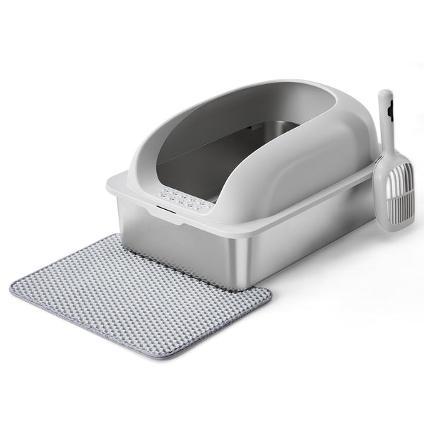 24in Stainless Steel Cat Litter Box with Lid, Large Cat Litter Box for Cats, High Wall Sides, Anti-Urine Leakage, Easy Cleaning, Scoop and Mat Included