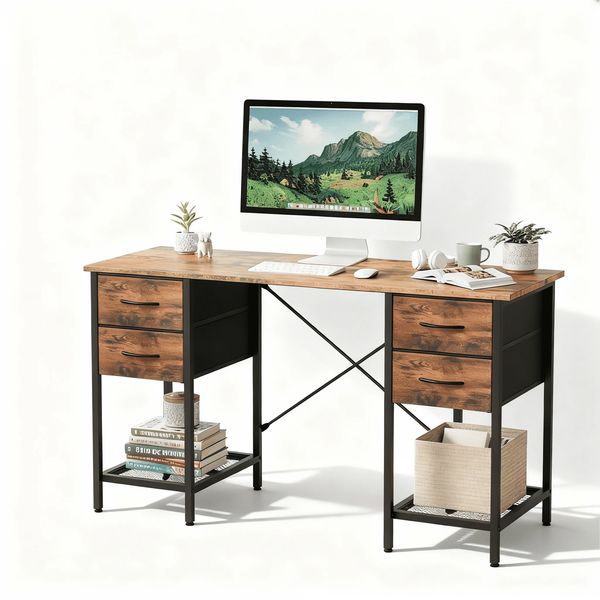 CONCETTA Computer Desk with 4 Drawers & Mesh Shelf, Rustic Brown Office Desk, Storage Work Desk for Home Office, Gaming & Study, Flexible Setup, Large Desktop