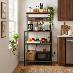 SHOUFTW Kitchen Storage Rack with Power Outlet, 4-Tier Backer's Rack for Microwave Stand & Coffee Bar Storage