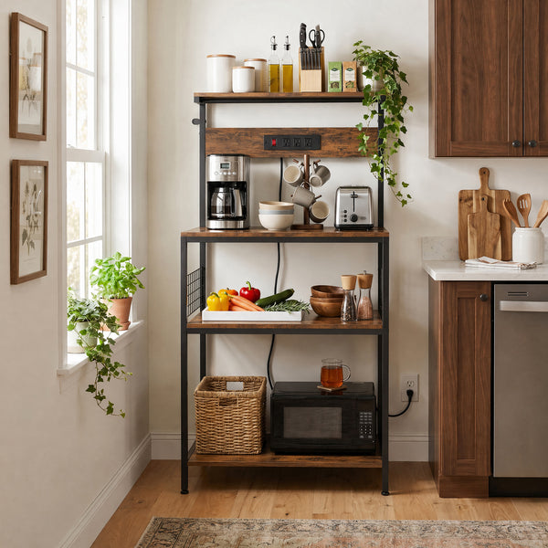 SHOUFTW Kitchen Storage Rack with Power Outlet, 4-Tier Backer's Rack for Microwave Stand & Coffee Bar Storage