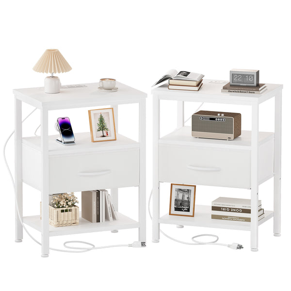 CONCETTA Small Night Stand with Charging Station, 1 Fabric Drawer, USB Ports and Outlets, Open Storage Shelf Bedside End Table for Bedroom, Black，Black Brown,Rustic Brown，White