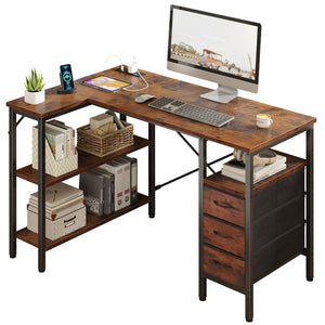 47"L Shaped Computer Desk with 3 Drawers, Power Outlets, USB Ports, and Monitor Stand, Corner Gaming Desk for Home Office