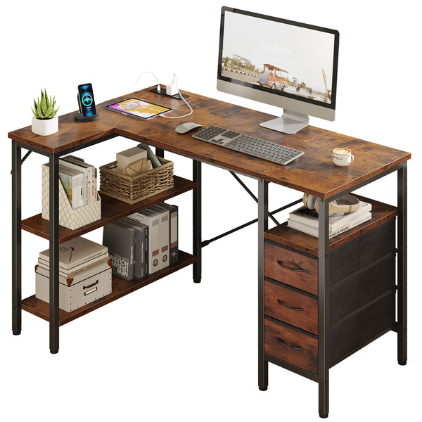 47"L Shaped Computer Desk with 3 Drawers, Power Outlets, USB Ports, and Monitor Stand, Corner Gaming Desk for Home Office