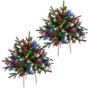 SHOUFTW Pre-Lit Frosted Artificial Christmas Urn Filler, Small Xmas Tree with 50 Warm Lights, Pine Cones & Red Berries for Indoor Outdoor Holiday Decor