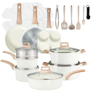 CONCETTA Nonstick Cooking Set 25 Pcs, White Granite Pots & Pans for Induction Cooktops, Durable Lightweight Kitchen Cookware with Lids