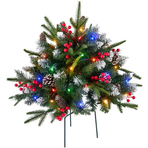 SHOUFTW Pre-Lit Frosted Artificial Christmas Urn Filler, Small Xmas Tree with 50 Warm Lights, Pine Cones & Red Berries for Indoor Outdoor Holiday Decor