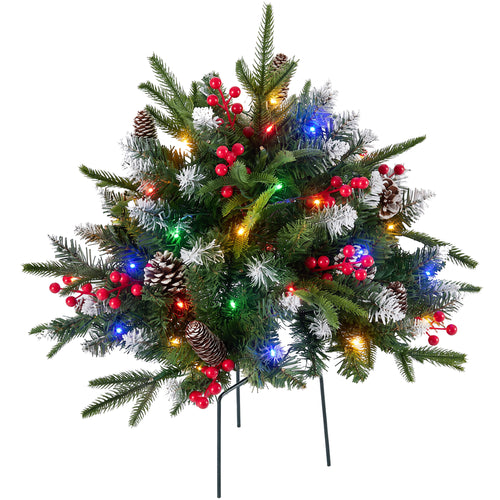 SHOUFTW Pre-Lit Frosted Artificial Christmas Urn Filler, Small Xmas Tree with 50 Warm Lights, Pine Cones & Red Berries for Indoor Outdoor Holiday Decor