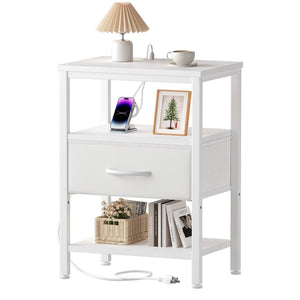 CONCETTA Small Night Stand with Charging Station, 1 Fabric Drawer, USB Ports and Outlets, Open Storage Shelf Bedside End Table for Bedroom, Black，Black Brown,Rustic Brown，White