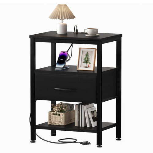 CONCETTA Small Night Stand with Charging Station, 1 Fabric Drawer, USB Ports and Outlets, Open Storage Shelf Bedside End Table for Bedroom, Black，Black Brown,Rustic Brown，White