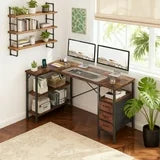 L Shaped Computer Desk with 3 Drawers, Power Outlets, USB Ports, and Monitor Stand, Corner Gaming Desk for Home Office