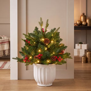 SHOUFTW Pre-Lit Artificial Christmas Urn Filler with Pine Cones, 50 Warm LED Lights, Indoor Outdoor Porch Holiday Planter Decor