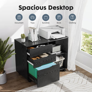 CONCETTA Lateral File Cabinet - with 3 Drawers, Rolling Wooden File Storage Drawer, Black Printer Stand Under Desk Organiser for Office, Home